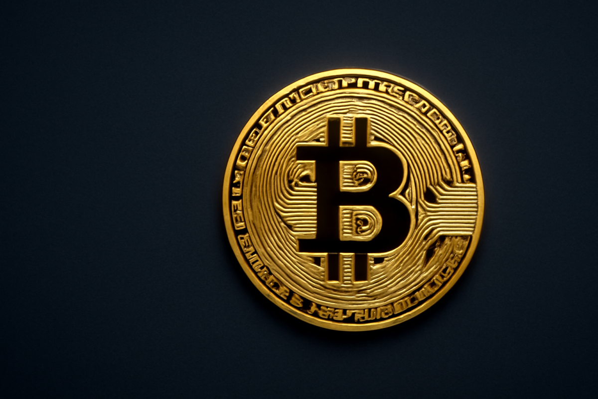 Golden Bitcoin coin close-up.