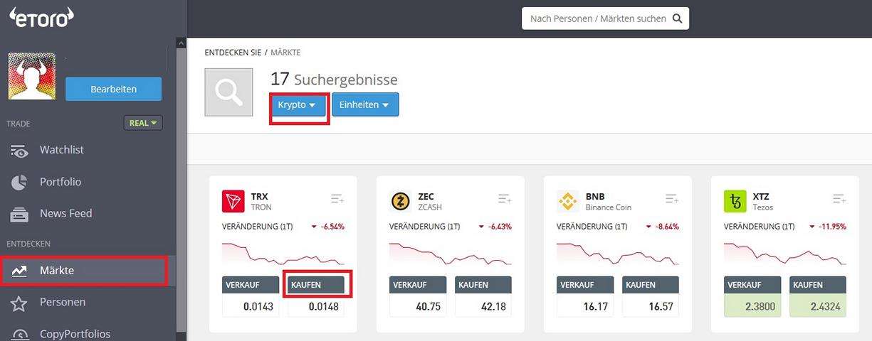 TRON TRX auswählen eToro