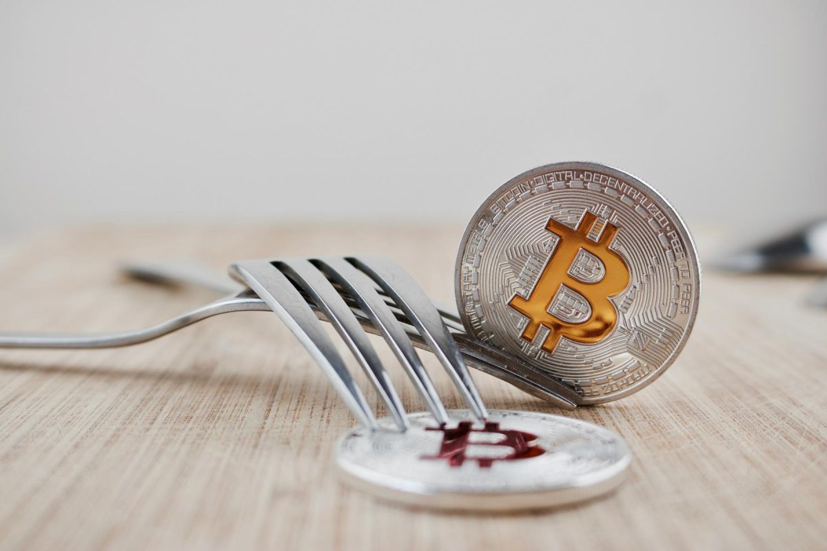 Bitcoin-BTC-coins-next-to-forks