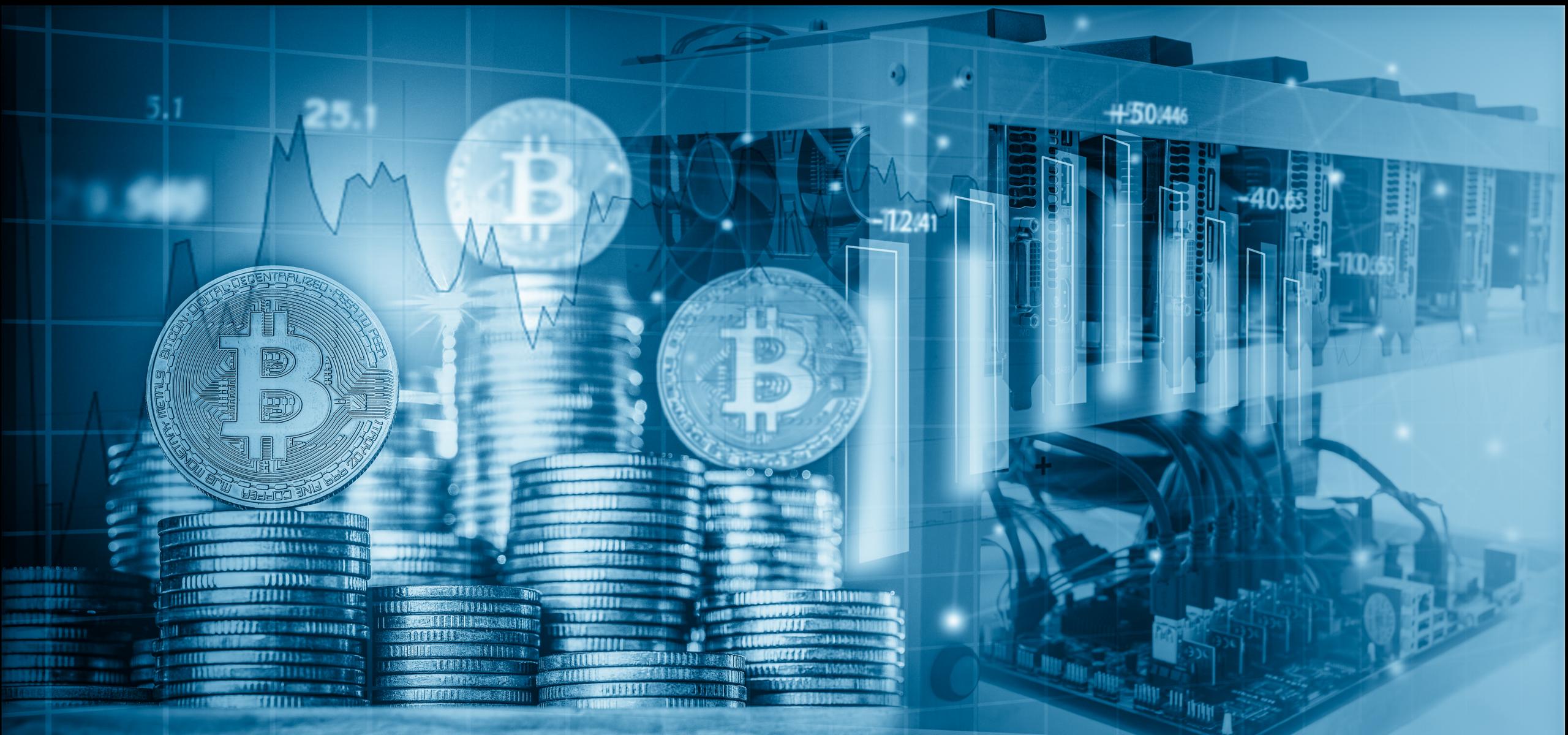 Bitcoin-BTC-coins-with-blurred-blue-background-of-mining-machines.