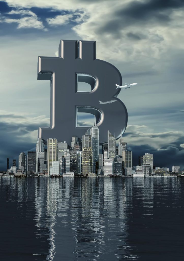 Bitcoin-BTC-gray-logo-on-city-over-the-ocean