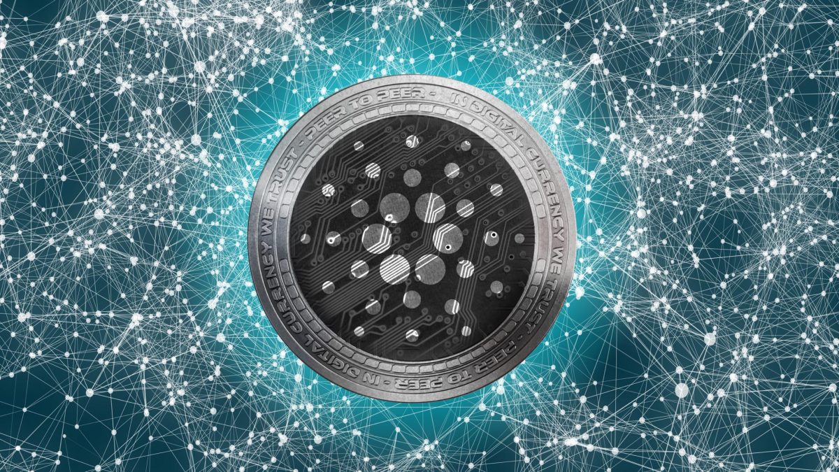 Cardano-ADA-black-logo-on-a-background-of-connected-white-lights