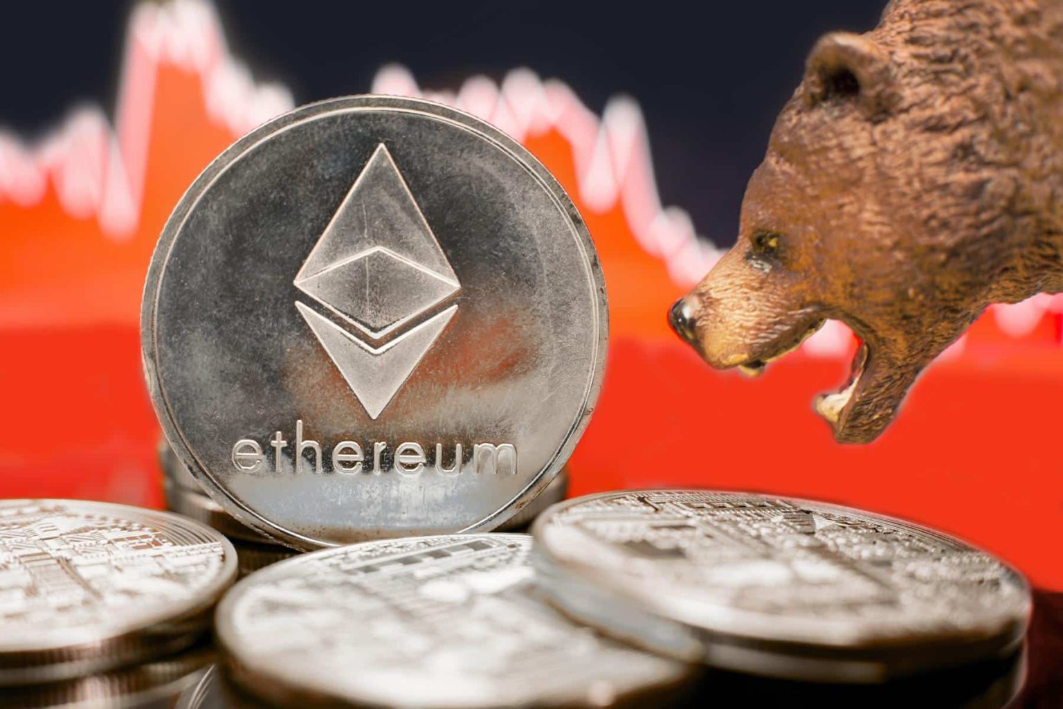 Ethereum-ETH-silver-coin-next-to-bear-with-trading-chart-in-background