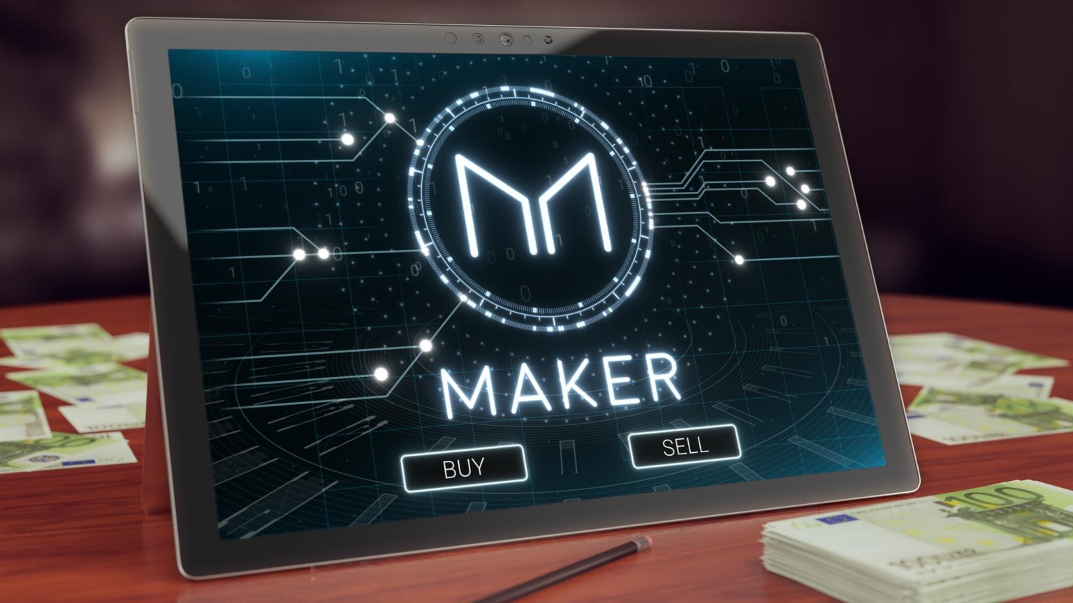 Maker-MKR-dao-logo-on-table-top-with-money