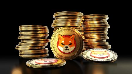 Shiba-Inu-SHIB-coins-stacked-in-rows-on-a-dark-background