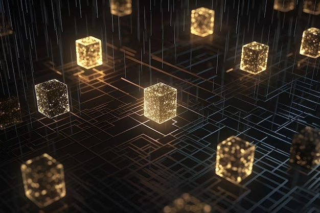 Photo a digital image of cubes with yellow lights and the words'cubes ' by gaukharyerk