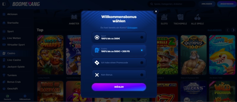 Boomerang Casino Bonus aktivieren