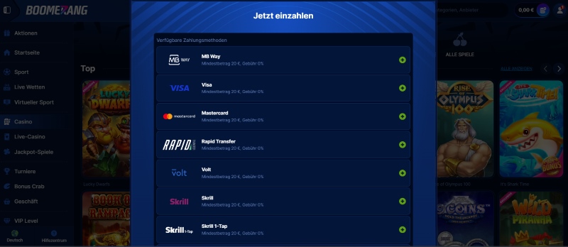 Im Boomerangbet Casino Deutschland einzahlen