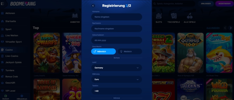 Registerierung im Boomerangbet Casino