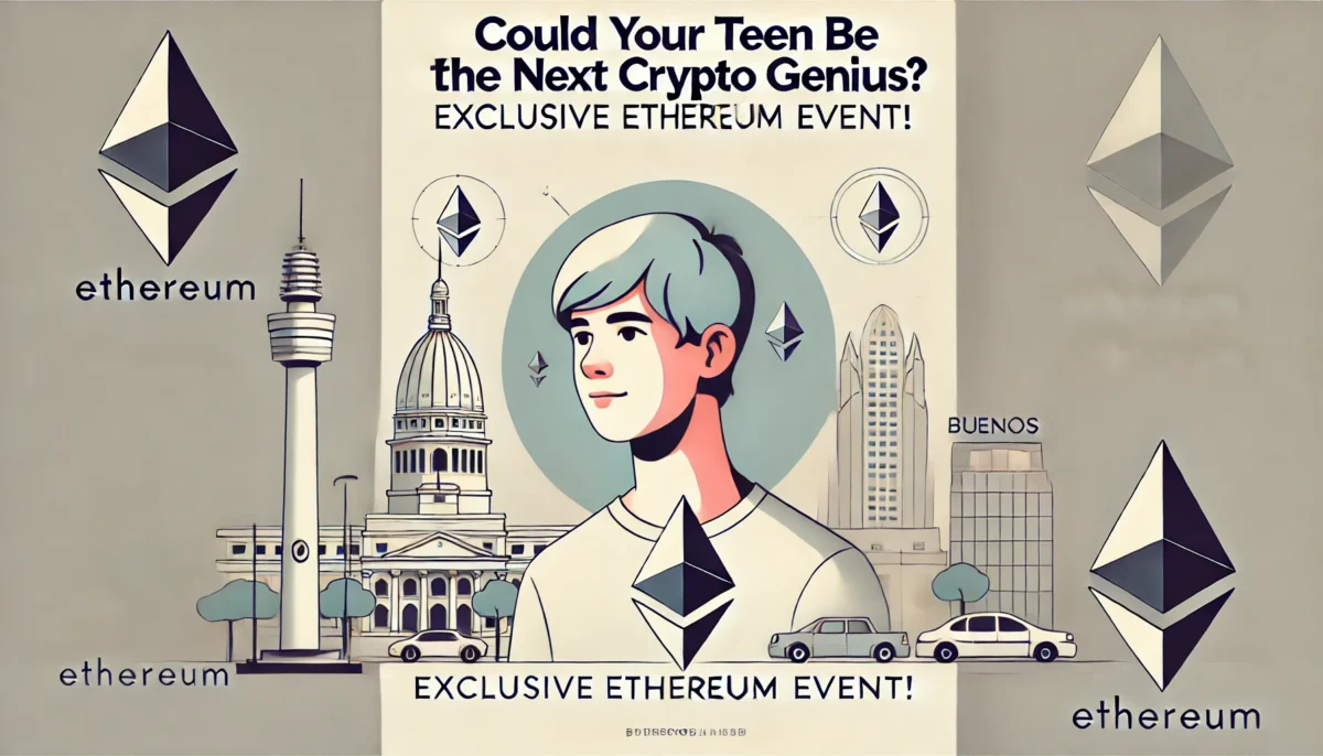 A minimalist scene featuring a young teenager with an Ethereum symbol, set against the backdrop of iconic Buenos Aires landmarks. The design is clean