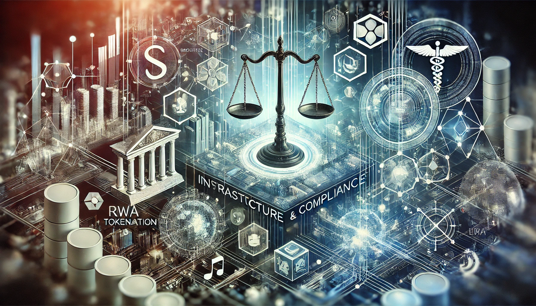 An image illustrating 'Infrastructure and Compliance in RWA Tokenization.' A sleek, digital representation of infrastructure, with complex networks an