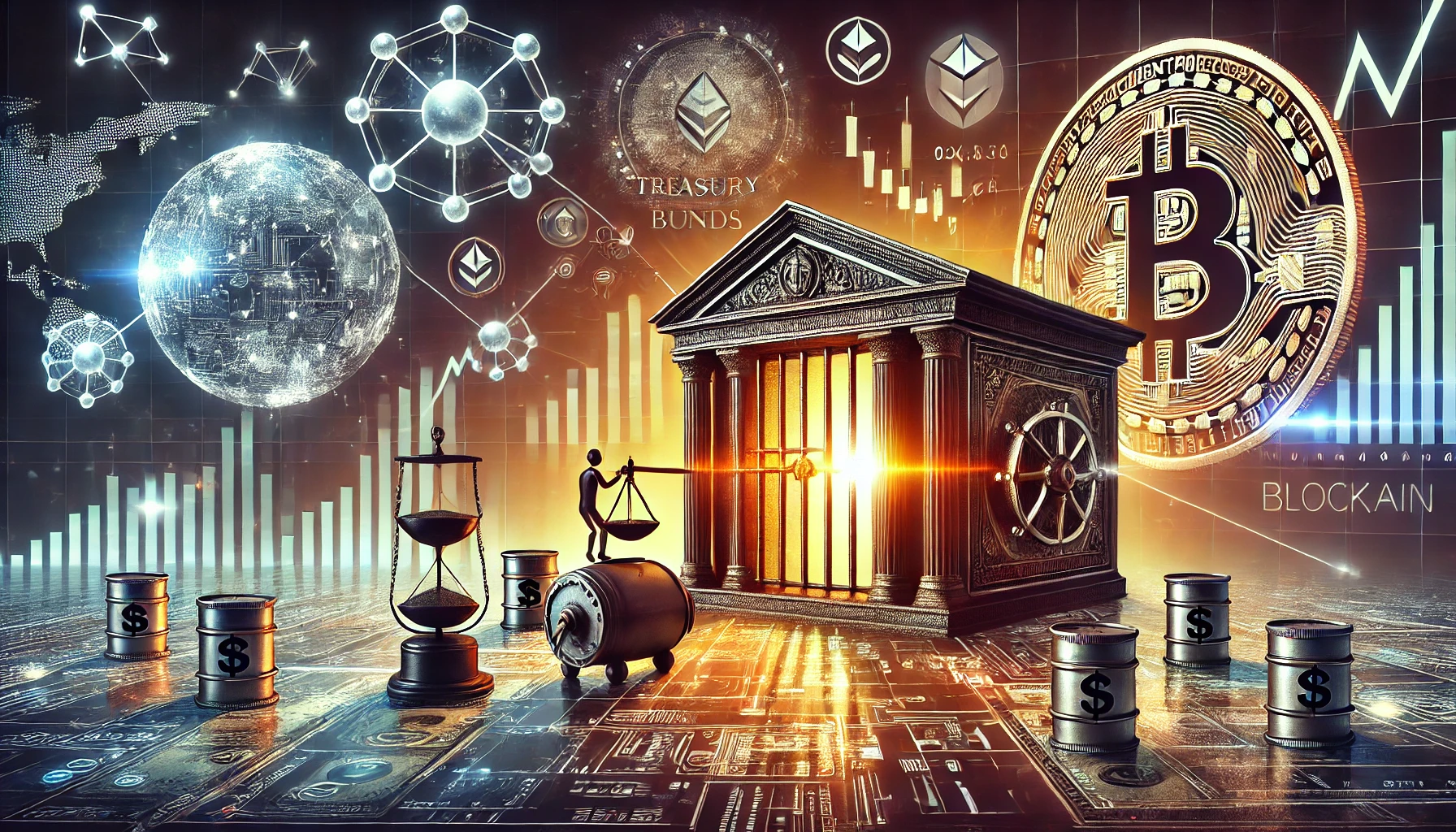 An image representing 'The Expansion of Traditional Finance into Tokenized Treasuries.' The scene blends traditional finance symbols like treasury bon