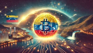 DALL·E 2024-09-07 19.37.46 - A dynamic, futuristic image showcasing Bitcoin symbols interwoven with elements of Venezuela's landscape. The foreground features a bright Bitcoin coi