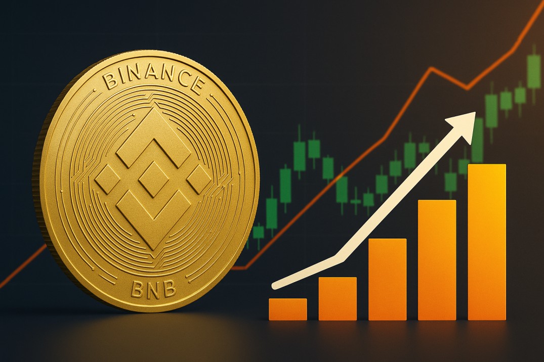 Wide rectangular cover showing a large gold BNB coin beside rising orange bars and an upward arrow, with green candlesticks on a dark background.