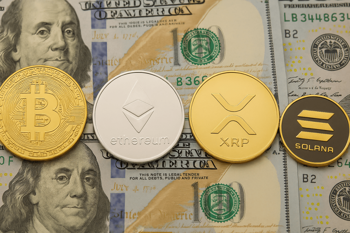 Bitcoin ETFs Attract $287M as Ethereum, XRP and Solana ETFs Follow Suit Close up of Bitcoin, Ethereum, XRP ETFs, and Solana coins placed on U.S. 100 dollar bills, showing crypto assets against a cash background.