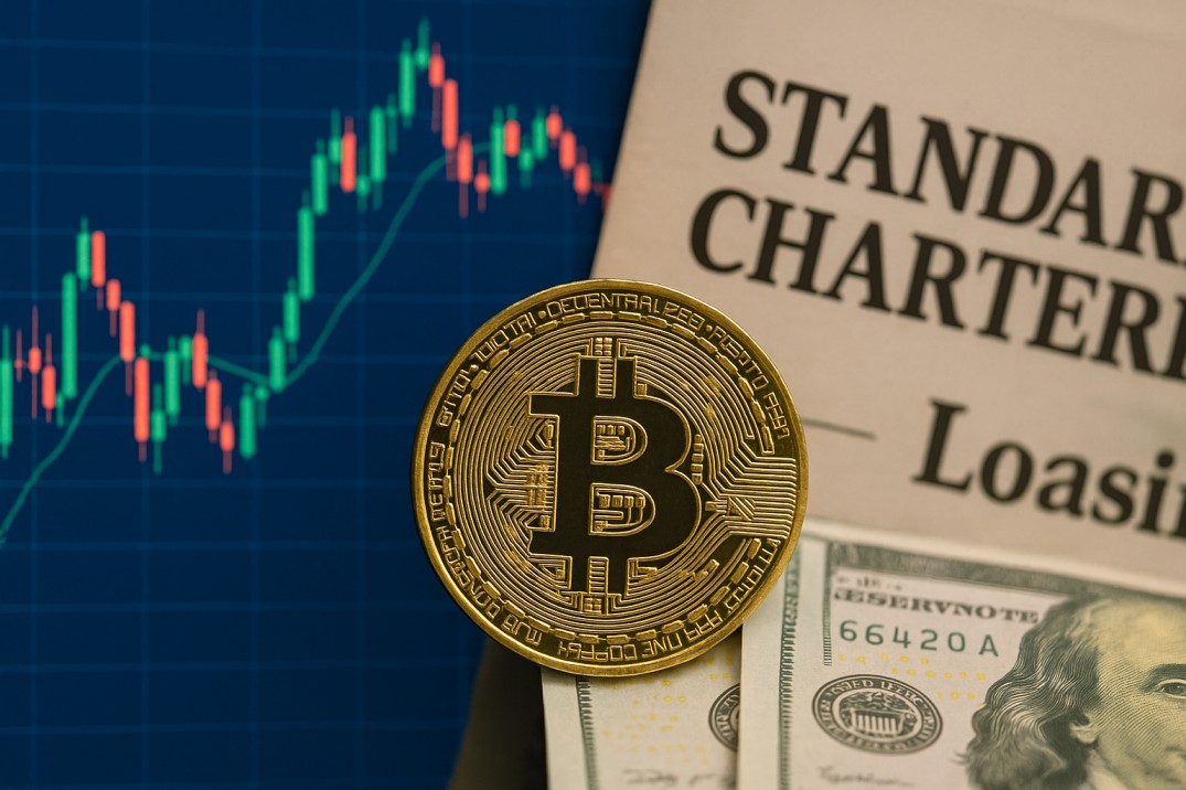 Gold Bitcoin coin in front of a price chart and a blurred Standard Chartered headline, symbolizing Strive’s stock funded BTC buying and the bank’s lower Bitcoin targets
