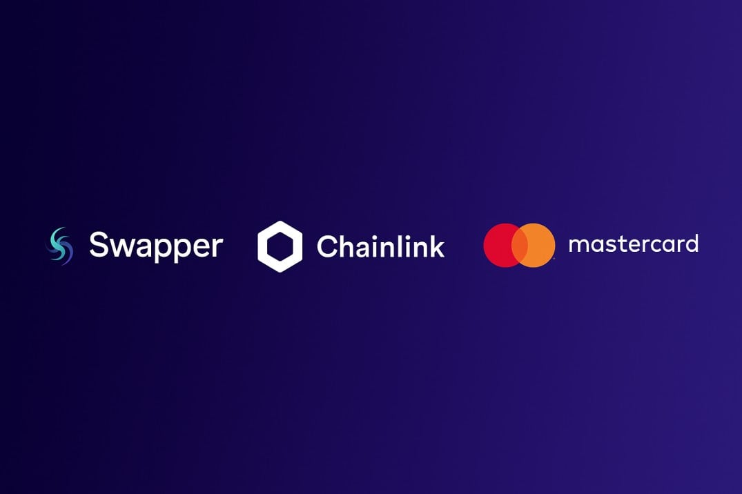 Chainlink and Mastercard Unlock DeFi Access for 3.5B Cardholders Through Swapper Finance Dark blue rectangular banner showing Swapper, Chainlink and Mastercard logos, symbolizing Mastercard cardholders moving funds directly into DeFi via Swapper Finance.