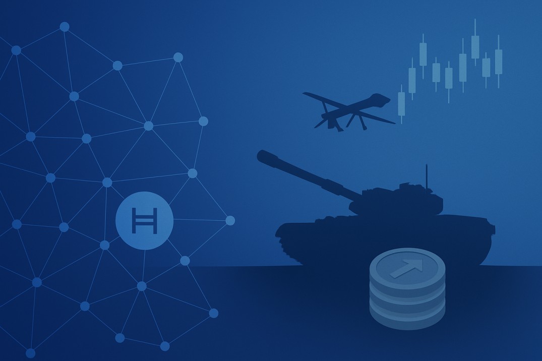 Wide banner image showing a blue gradient background with a blockchain node network on the left, plus silhouettes of a drone, a tank, and stacked coins on the right.