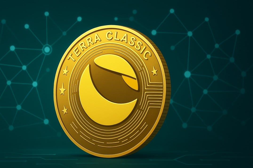 Gold Terra Classic LUNC coin on a teal blockchain background in a wide banner, representing the Terra Classic network upgrade.