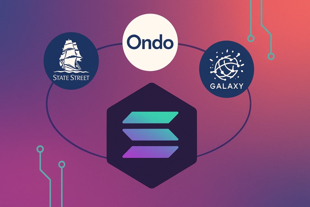 Abstract Solana logo linked by curved lines to Ondo, State Street, and Galaxy icons on a gradient background, symbolizing tokenized liquidity collaboration.