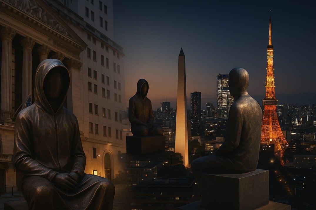Satoshi Nakamoto Immortalized at NYSE in Latest Symbol of Crypto’s Institutional Breakthrough Three hooded Satoshi style statues sit in front of city scenes showing the New York Stock Exchange, the Buenos Aires obelisk and Tokyo’s night skyline.