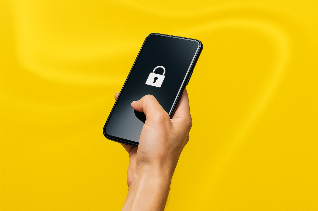 A hand holds a smartphone showing a padlock icon against a bright yellow background, representing privacy and secure transfers.